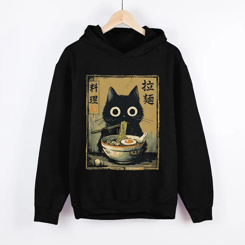 Unisex  Cute Black Cat Eating Ramen Japan Classic Print Long Sleeved Hoodie - Black - US44-46(8XL) - image 1