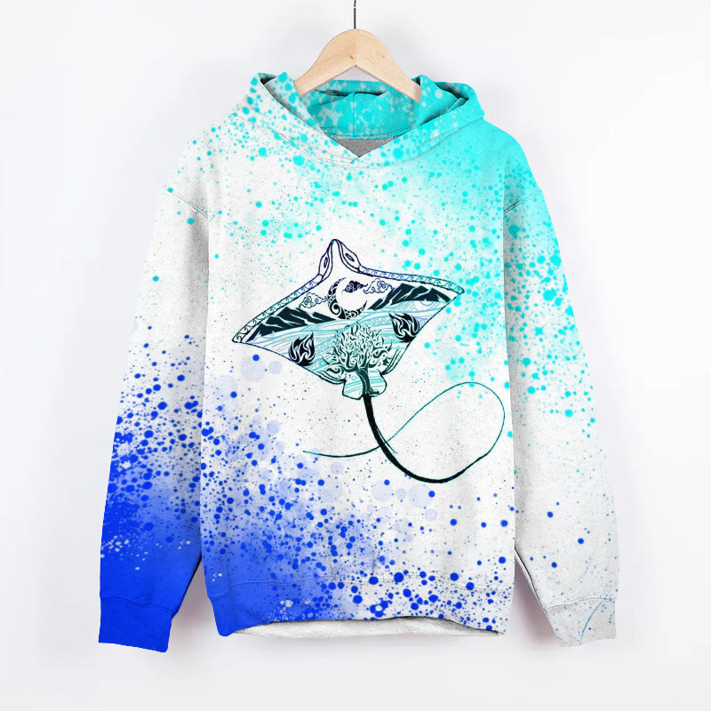 Unisex  Watercolor Manta Ray Print Long Sleeved Hoodie - image 2