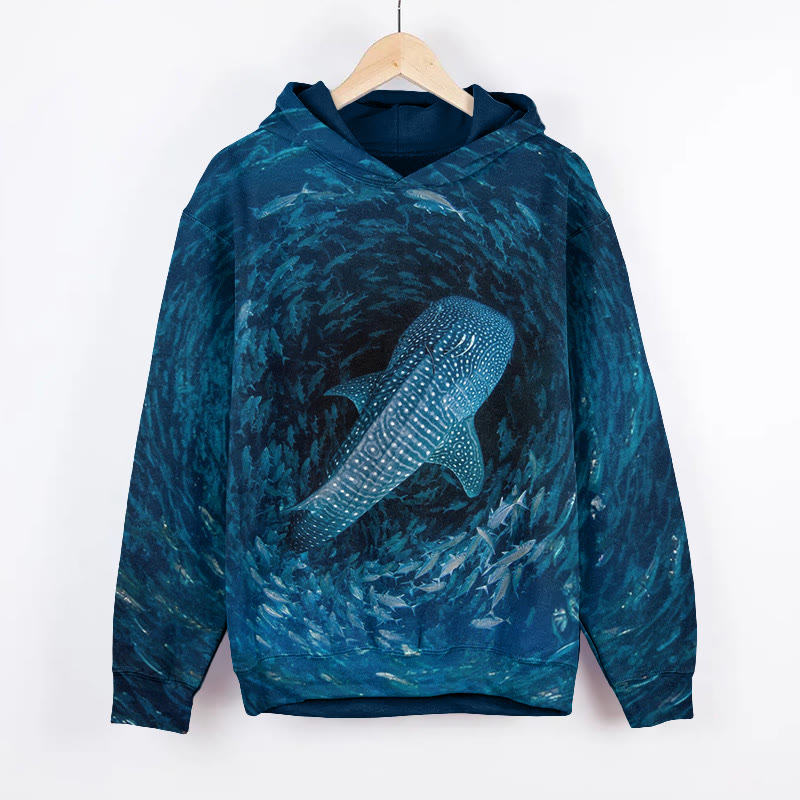 Unisex  Deep Sea Whirlpool Whale Print Long Sleeved Hoodie - Dark Blue - US44-46(8XL) - image 1