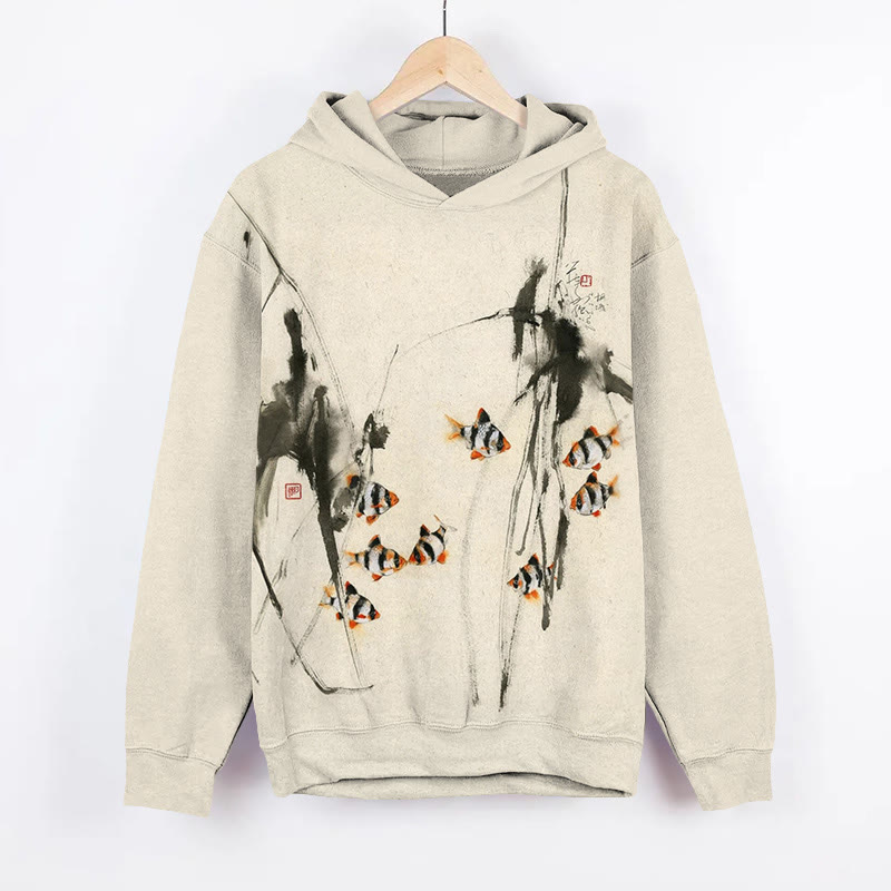 Unisex  Japanese Style Ink Splashed Fish Art Print Long Sleeved Hoodie - Apricot - US44-46(8XL) - image 1