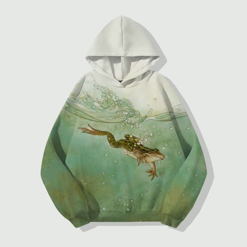 Unisex Japaneseretro Frog Swimming Art Print Long Sleeved Hoodie - Green - US44-46(8XL) - image 1