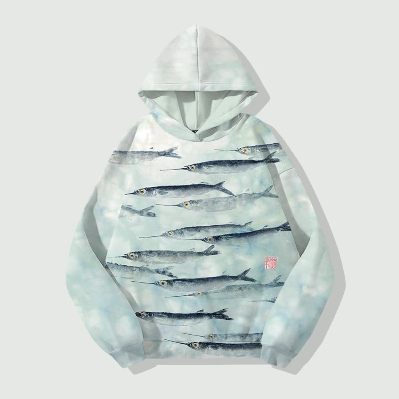 Unisex Japaneseretro Retro Fish Art Print Long Sleeved Hoodie - Light Green - US44-46(8XL) - image 1