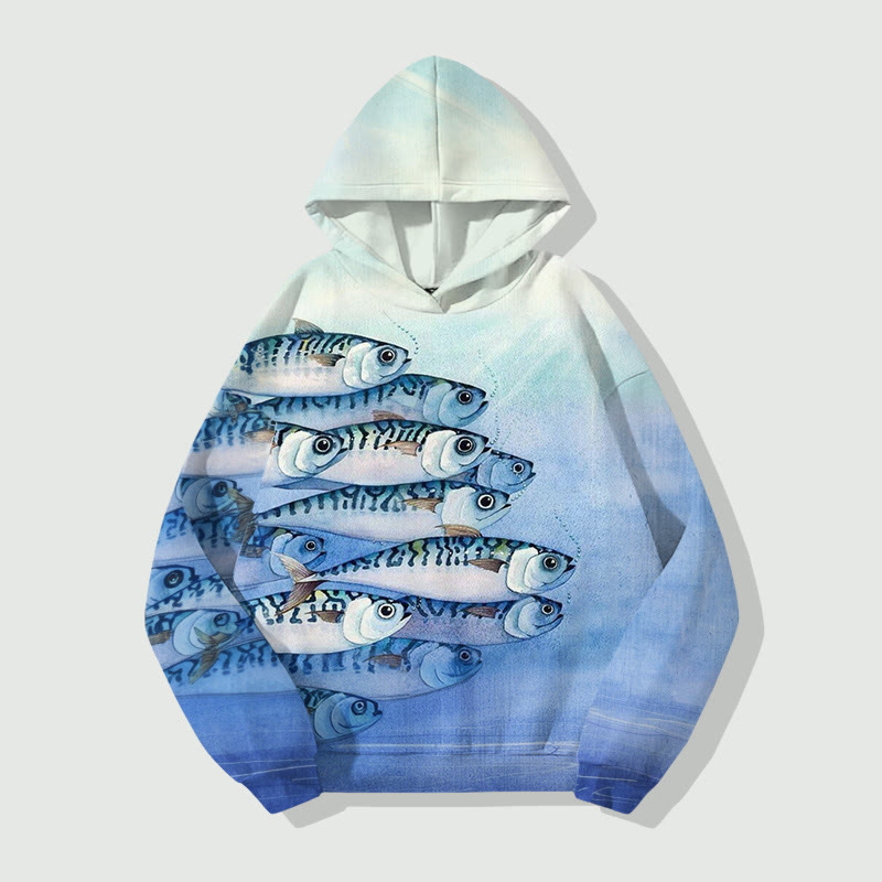 Unisex Japanese Style Vintage Fish Pattern Long Sleeved Hoodie - Blue - US44-46(8XL) - image 1