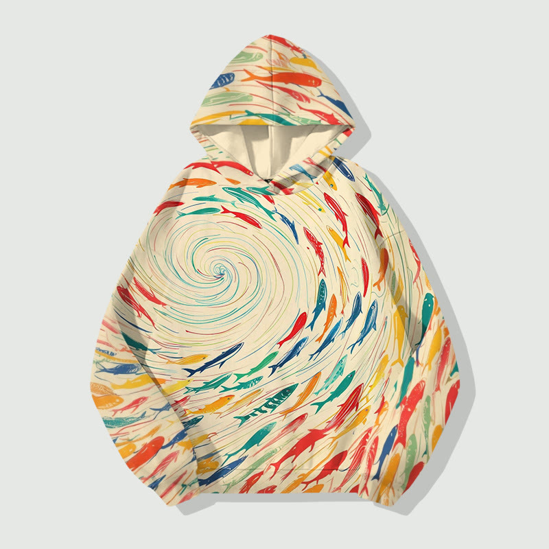 Unisex Swirling Schools Of Colorful Fish Pattern Long Sleeved Hoodie - Khaki - US44-46(8XL) - image 1