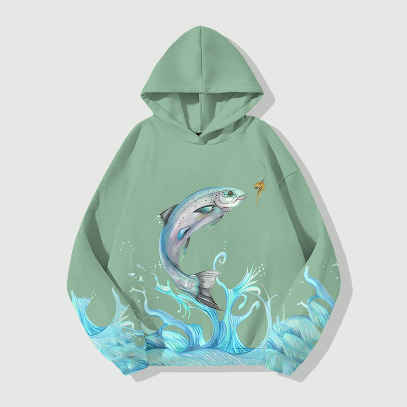 Unisex Fishing Enthusiasts Pattern Long Sleeved Hoodie - Light Green - US44-46(8XL) - image 1