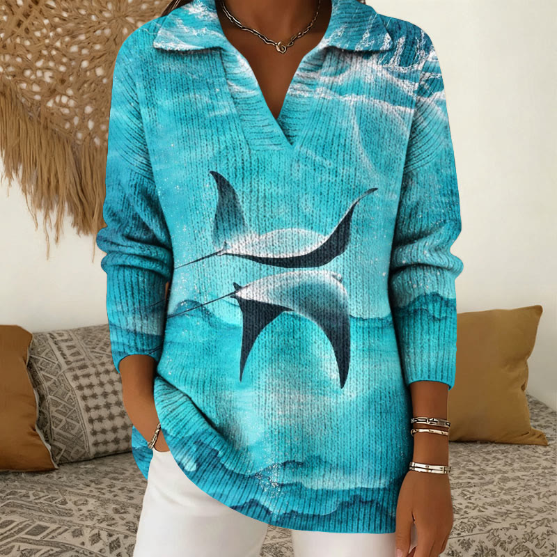 Ocean Manta Ray Pattern Polo Collar Long Sleeved Sweater - Blue - 5XL - image 1