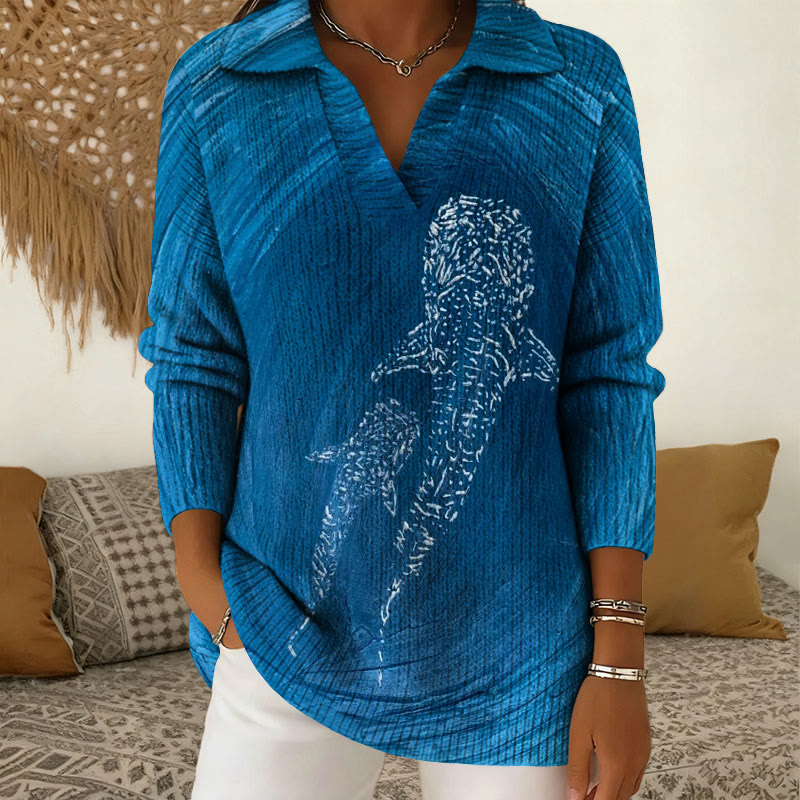 Deep Sea Vortex Whales Pattern Polo Collar Long Sleeved Sweater - Dark Blue - 5XL - image 1