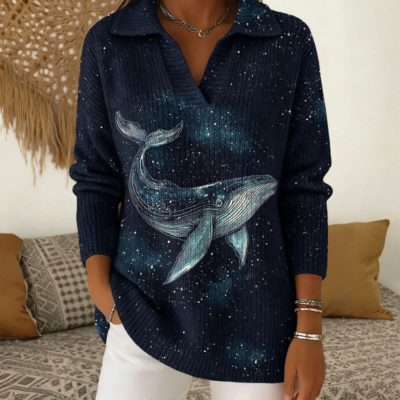 Sparkling Starry Sky And Whales Pattern Polo Collar Long Sleeved Sweater - Navy Blue - 5XL - image 1