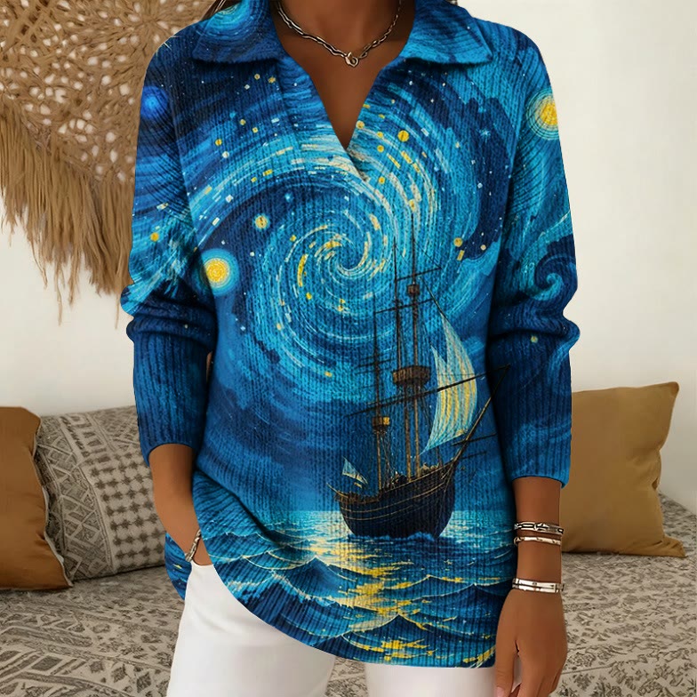 Starry Night Oil Painting And Sailboat Art Patterns Polo Collar Long Sleeved Sweater - Blue - 5XL - image 1