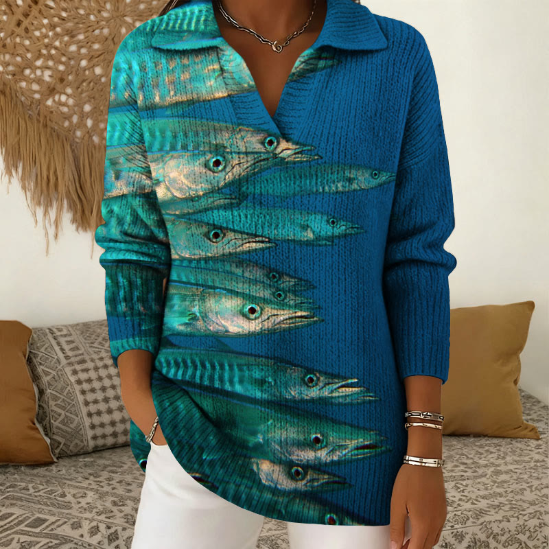 Japanese Style Retro Fish Shape Patterns Polo Collar Long Sleeved Sweater - Dark Blue - 5XL - image 1