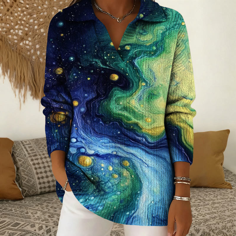 Starry Sky Gradient River  Patterns Polo Collar Long Sleeved Sweater - Dark Blue - 5XL - image 1