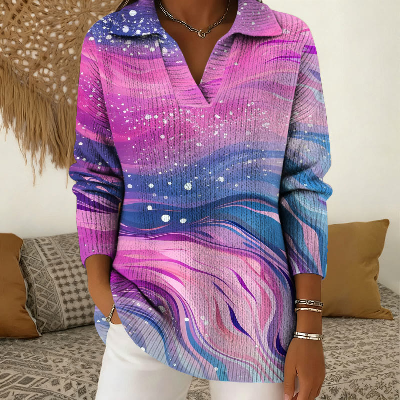 Rich And Vibrant Gradient Colors Patterns Polo Collar Long Sleeved Sweater - Pink - 5XL - image 1