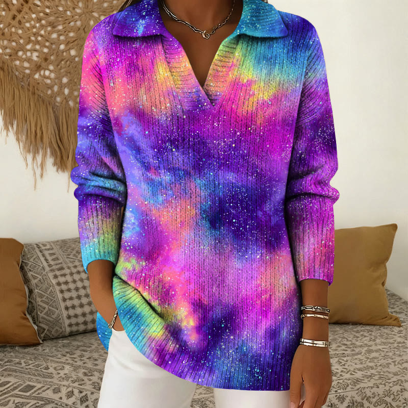 Shimmering Rainbow Tie Dye Patterns Polo Collar Long Sleeved Sweater - Multicolor - 5XL - image 1