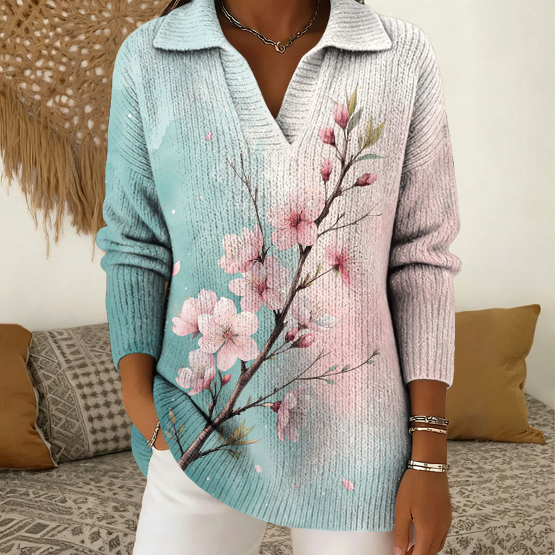 Retro Japanese Style Gradient Floral Pattern Polo Collar Long Sleeved Sweater - Light Blue - 5XL - image 1