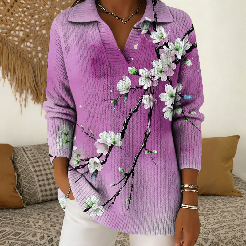 Japanese Flowers Pattern Polo Collar Long Sleeved Sweater - Purple - 5XL - image 2