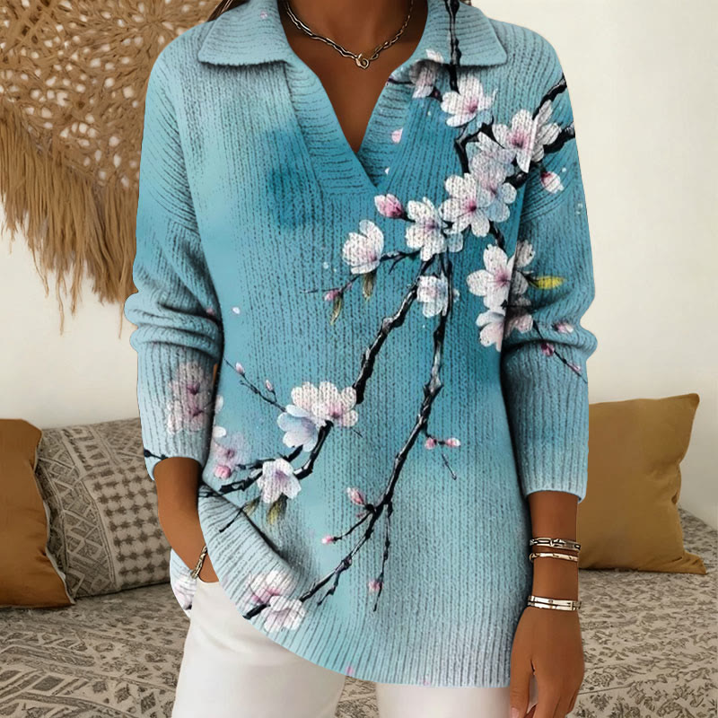 Japanese Flowers Pattern Polo Collar Long Sleeved Sweater - Light Blue - 5XL - image 1