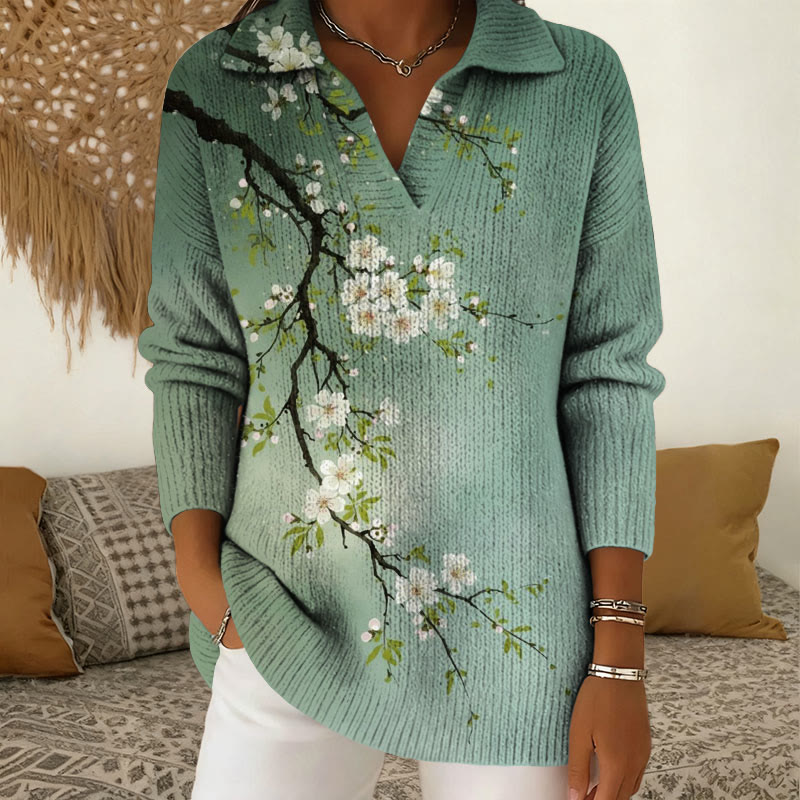 Vintage Floral Pattern Polo Collar Long Sleeved Sweater - Green - 5XL - image 1