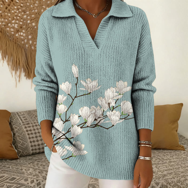 Vintage Magnolia Pattern Polo Collar Long Sleeved Sweater - Light Blue - 5XL - image 1