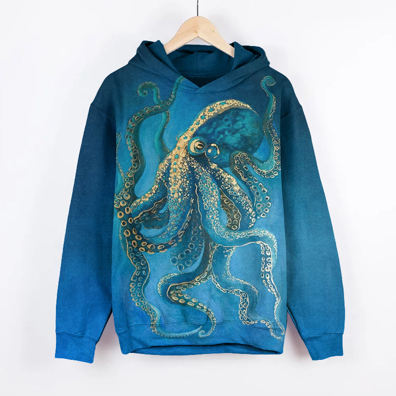 Unisex Gradient Blue Octopus Art Pattern Long Sleeved Hoodie - Blue - US44-46(8XL) - image 1