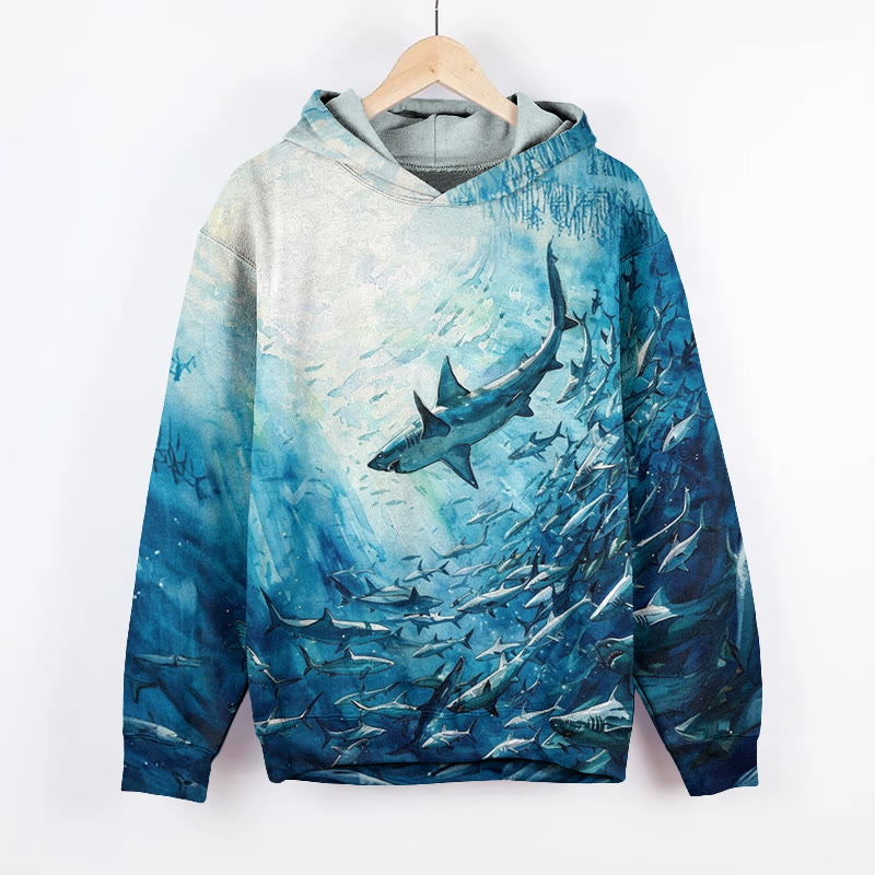 Unisex Deep Sea Shark Group Pattern Long Sleeved Hoodie - Blue - US44-46(8XL) - image 1