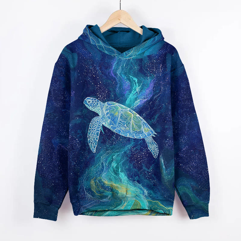 Unisex Fantasy Ocean Turtle Pattern Long Sleeved Hoodie - Dark Blue - US44-46(8XL) - image 1