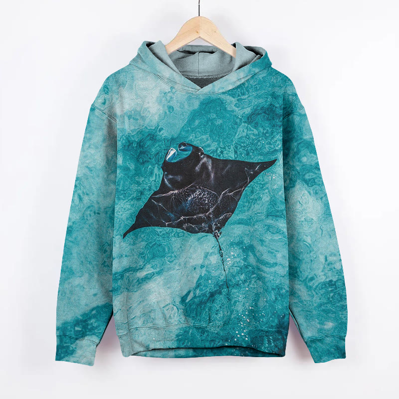 Unisex Tie Dyed Manta Ray Pattern Long Sleeved Hoodie - Lake Blue - US44-46(8XL) - image 1
