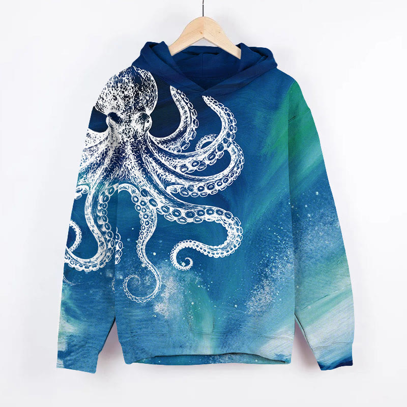 Vintage Aurora Abstract White Octopus Art Long Sleeved Hoodie - Blue - US44-46(8XL) - image 2
