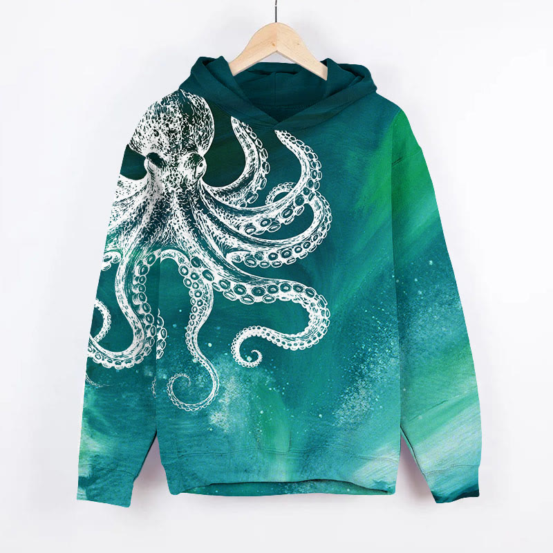 Vintage Aurora Abstract White Octopus Art Long Sleeved Hoodie - Green - US44-46(8XL) - image 1