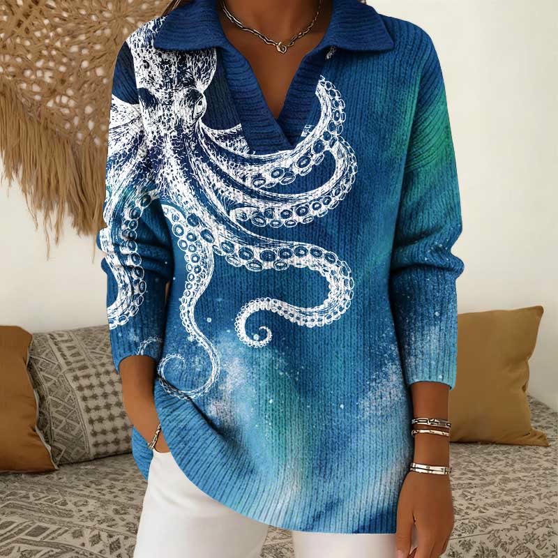 Vintage Aurora Abstract White Octopus Art Pattern Polo Collar Long Sleeved Sweater - Blue - 5XL - image 2