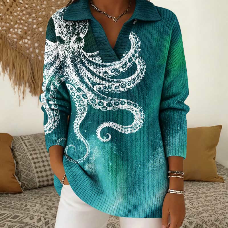 Vintage Aurora Abstract White Octopus Art Pattern Polo Collar Long Sleeved Sweater - Green - 5XL - image 1