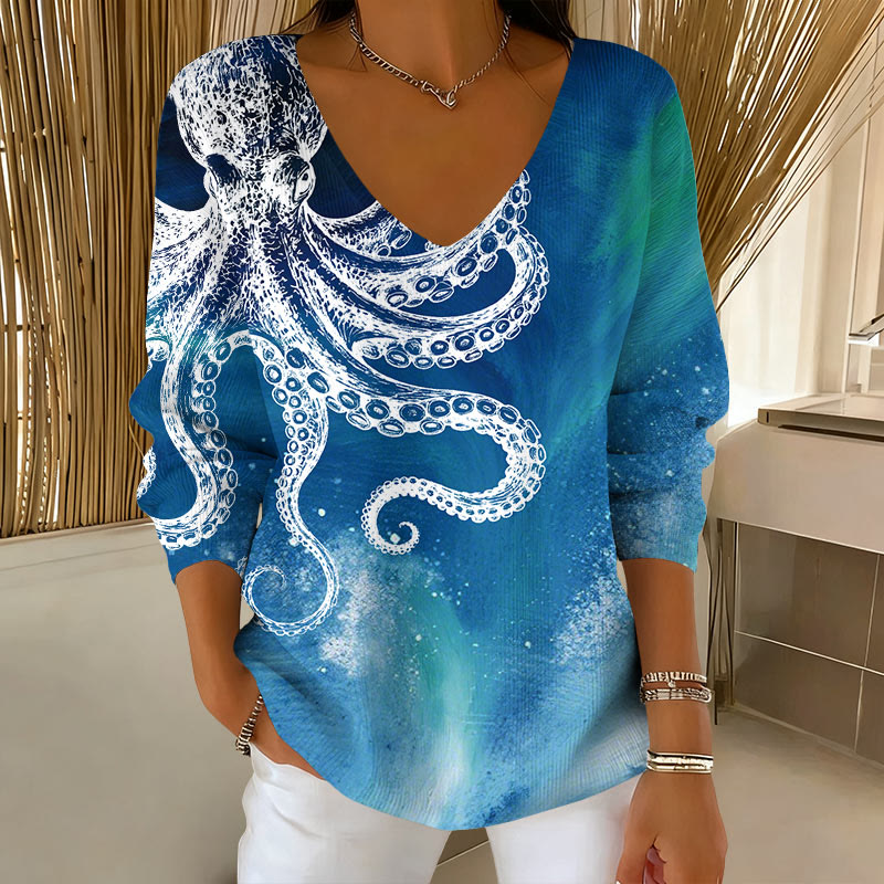 Vintage Aurora Abstract White Octopus Art V-neck Long Sleeved Sweater - Blue - 5XL - image 1