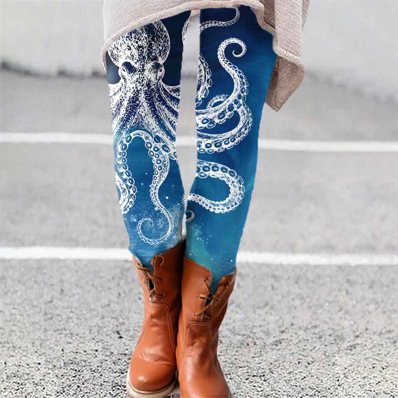Vintage Aurora Abstract White Octopus Art Print Leggings - Blue - 5XL - image 2