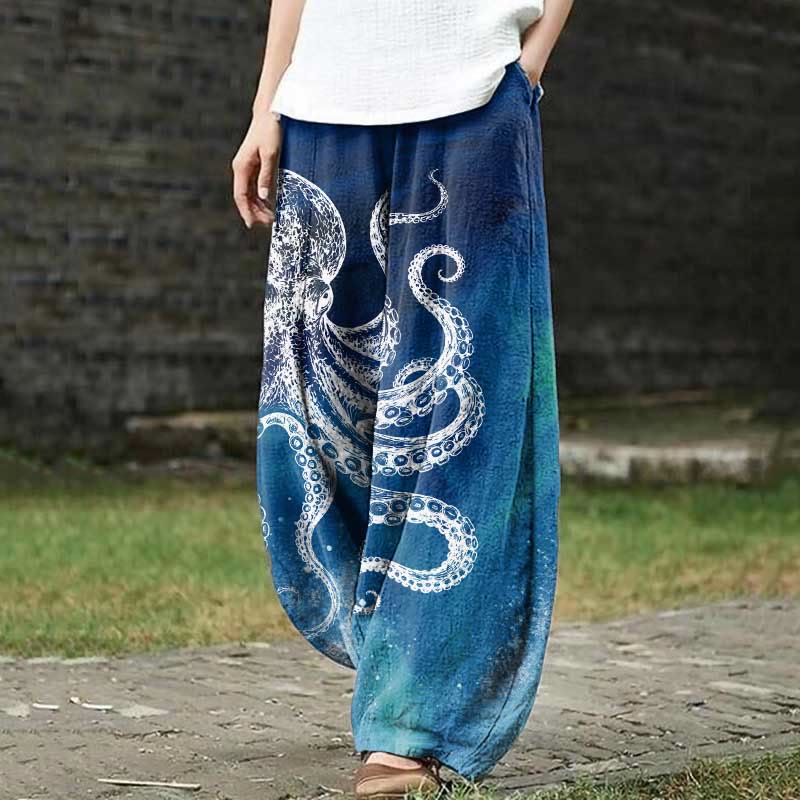 Vintage Aurora Abstract White Octopus Art Print Casual Pants - Blue - US18(5XL) - image 2