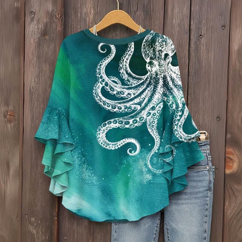 Vintage Aurora Abstract White Octopus Art Print V-neck Half Sleeve Blouse - image 2