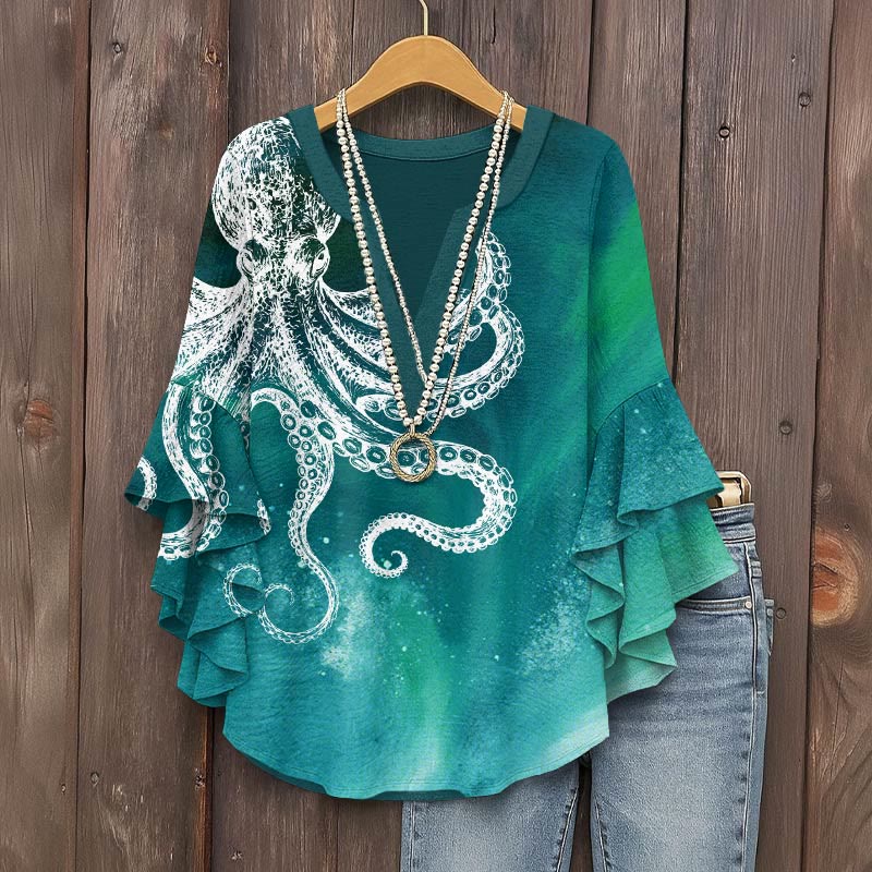 Vintage Aurora Abstract White Octopus Art Print V-neck Half Sleeve Blouse - Green - 5XL - image 1