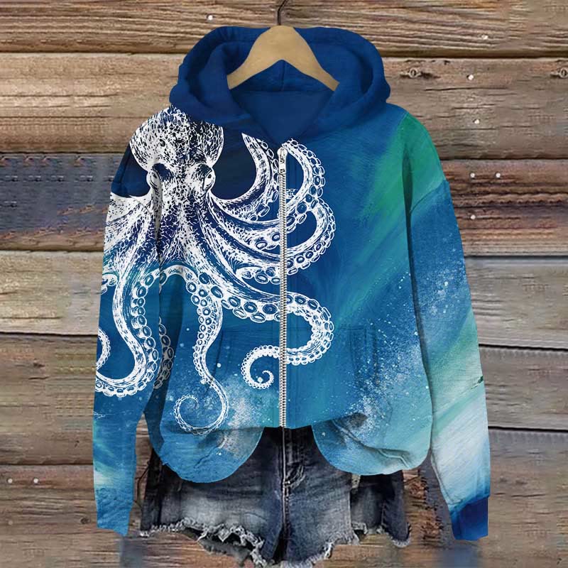 Vintage Aurora Abstract White Octopus Art Print Long Sleeve Zipper Hoodie - Blue - US28-30(4XL) - image 2