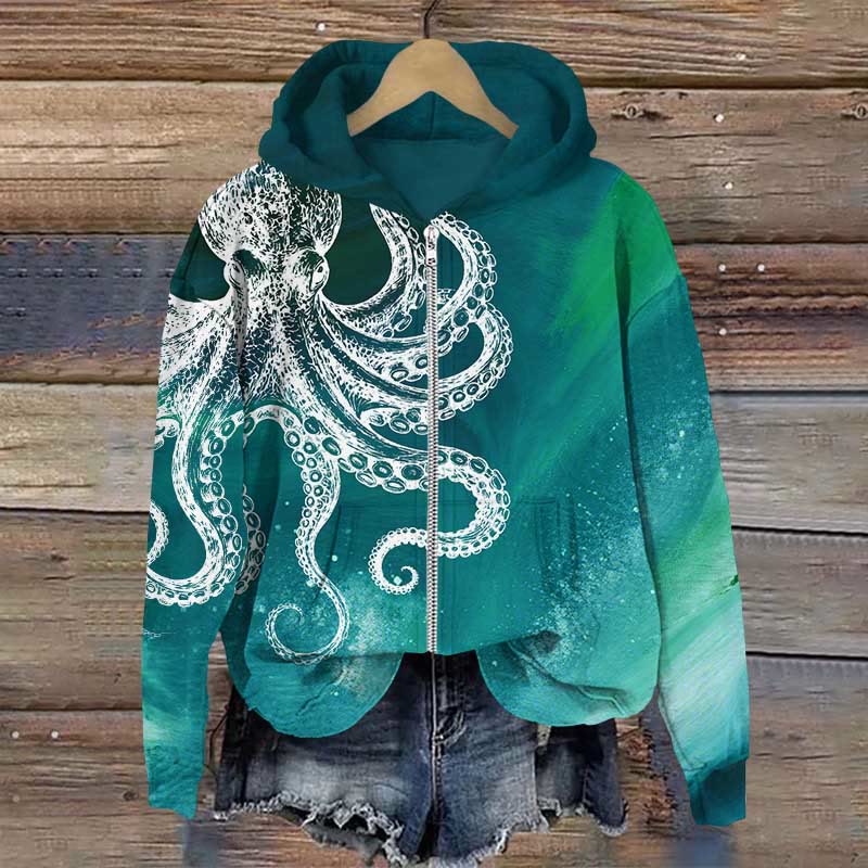Vintage Aurora Abstract White Octopus Art Print Long Sleeve Zipper Hoodie - Green - US28-30(4XL) - image 1