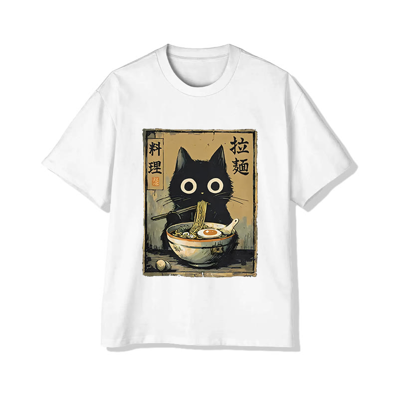 Unisex Cute Black Cat Eating Ramen Japan Classic Print Short Sleeve Crew Neck T-Shirt - White - 2XL - image 2