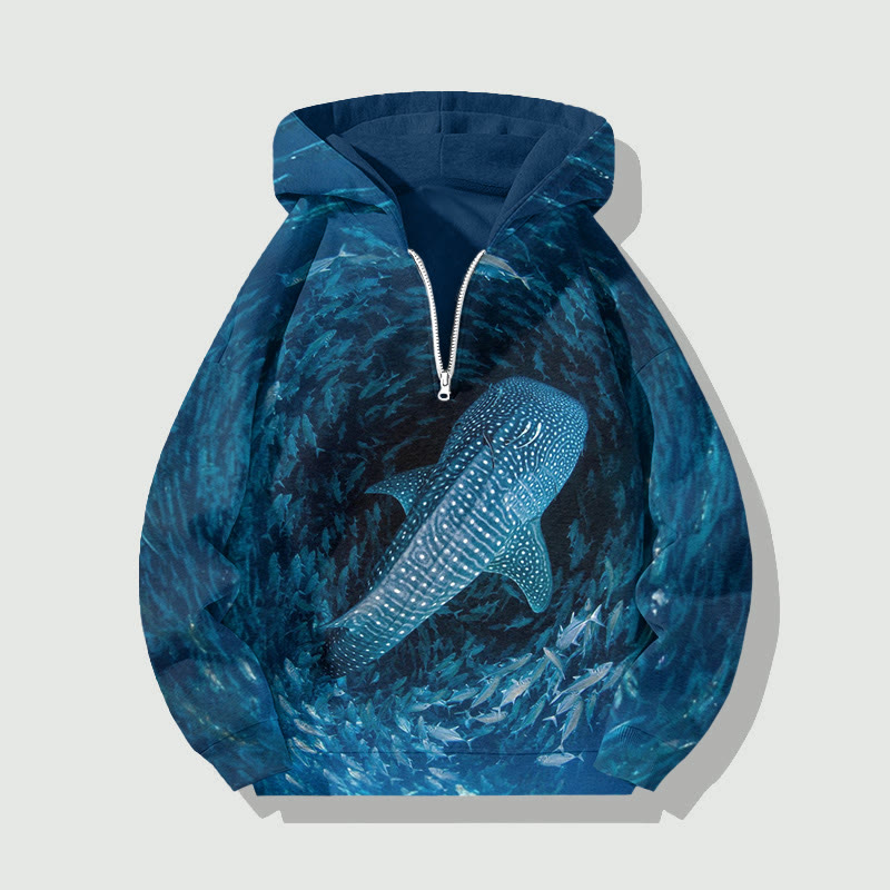 Unisex Deep Sea Whirlpool Whale Print Half Zip Hoodie - Dark Blue - US32-34(5XL) - image 1