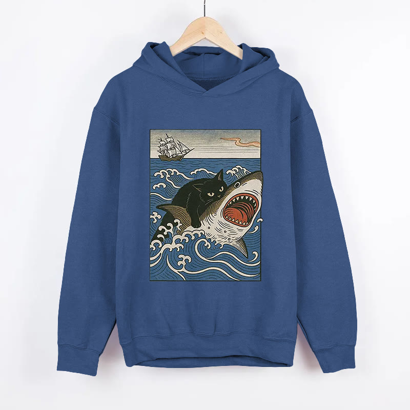 Unisex Cat Hunting Shark  Pattern Long Sleeved Hoodie - Dark Blue - US44-46(8XL) - image 2