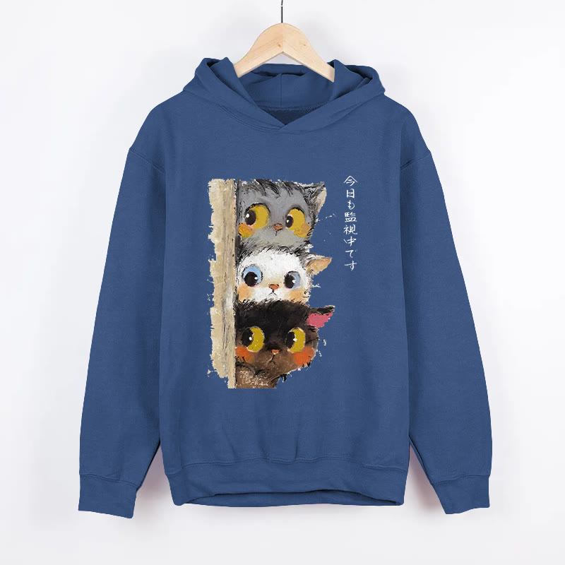 UnisexThree Cats Secretly Monitor Their Owner Pattern Long Sleeved Hoodie - Dark Blue - US44-46(8XL) - image 4
