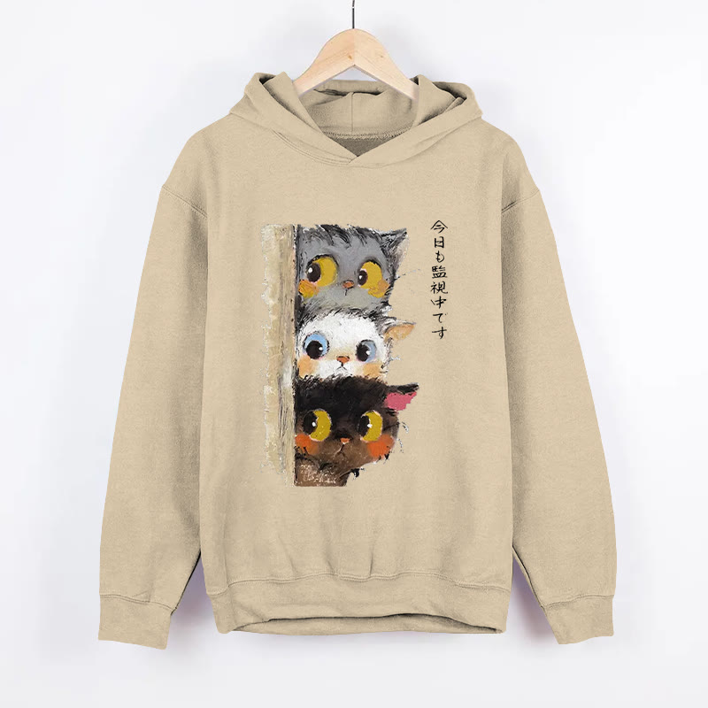 UnisexThree Cats Secretly Monitor Their Owner Pattern Long Sleeved Hoodie - Apricot - US44-46(8XL) - image 3