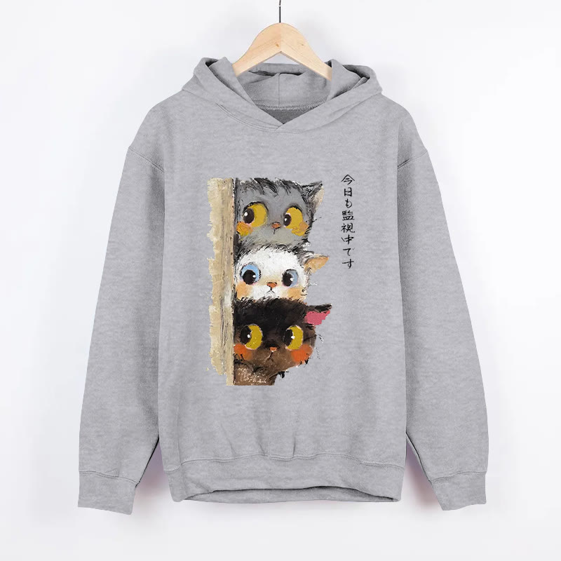 UnisexThree Cats Secretly Monitor Their Owner Pattern Long Sleeved Hoodie - Grey - US44-46(8XL) - image 2