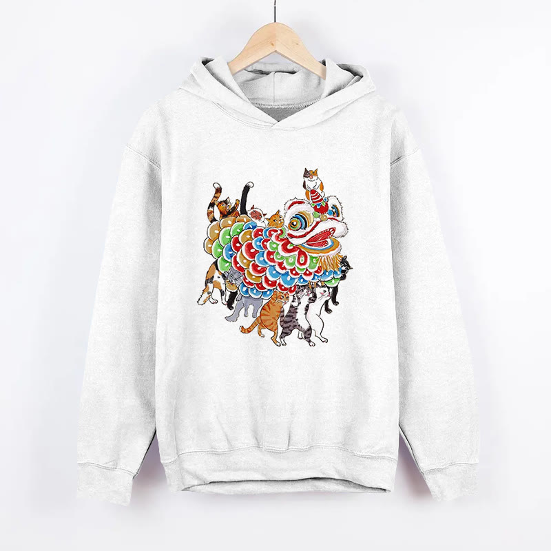 Unisex  Cats Perform A Lion Dance To Celebrate The New Year Pattern Long Sleeved Hoodie - White - US44-46(8XL) - image 2