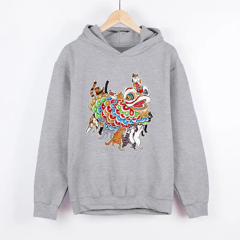 Unisex  Cats Perform A Lion Dance To Celebrate The New Year Pattern Long Sleeved Hoodie - Grey - US44-46(8XL) - image 1