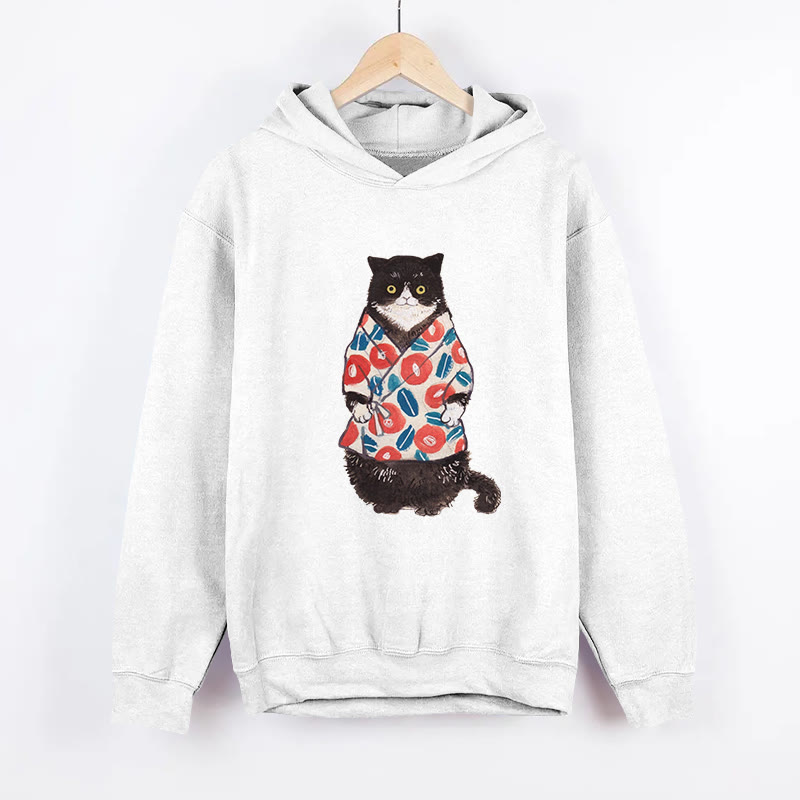 Unisex  Japanese Cat Pattern Long Sleeved Hoodie - White - US44-46(8XL) - image 1