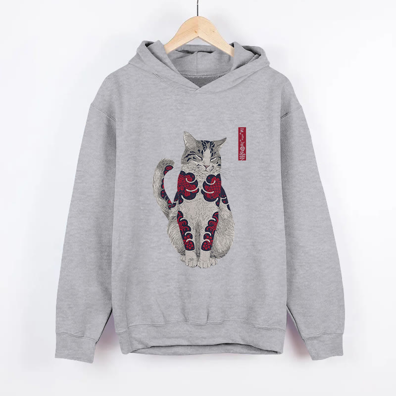 Unisex Japanese  Cat Pattern Long Sleeved Hoodie - Grey - US44-46(8XL) - image 2