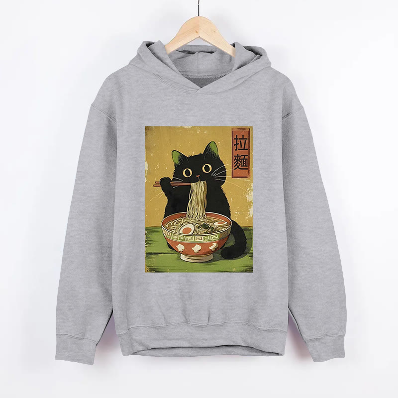 Unisex Vintage Japanese Cat Eating Ramen Pattern Long Sleeved Hoodie - Grey - US44-46(8XL) - image 3