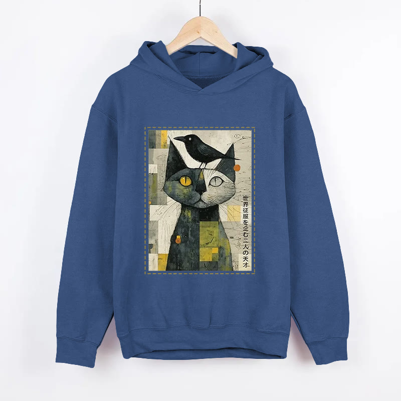 Unisex Funny Cat And Crow Present Pattern Long Sleeved Hoodie - Dark Blue - US44-46(8XL) - image 2
