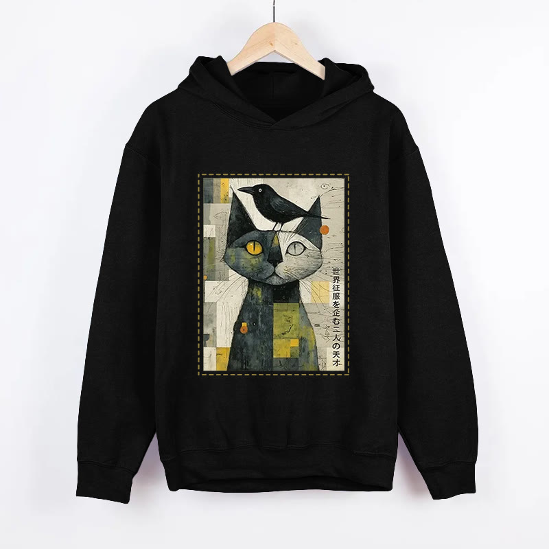 Unisex Funny Cat And Crow Present Pattern Long Sleeved Hoodie - Black - US44-46(8XL) - image 1
